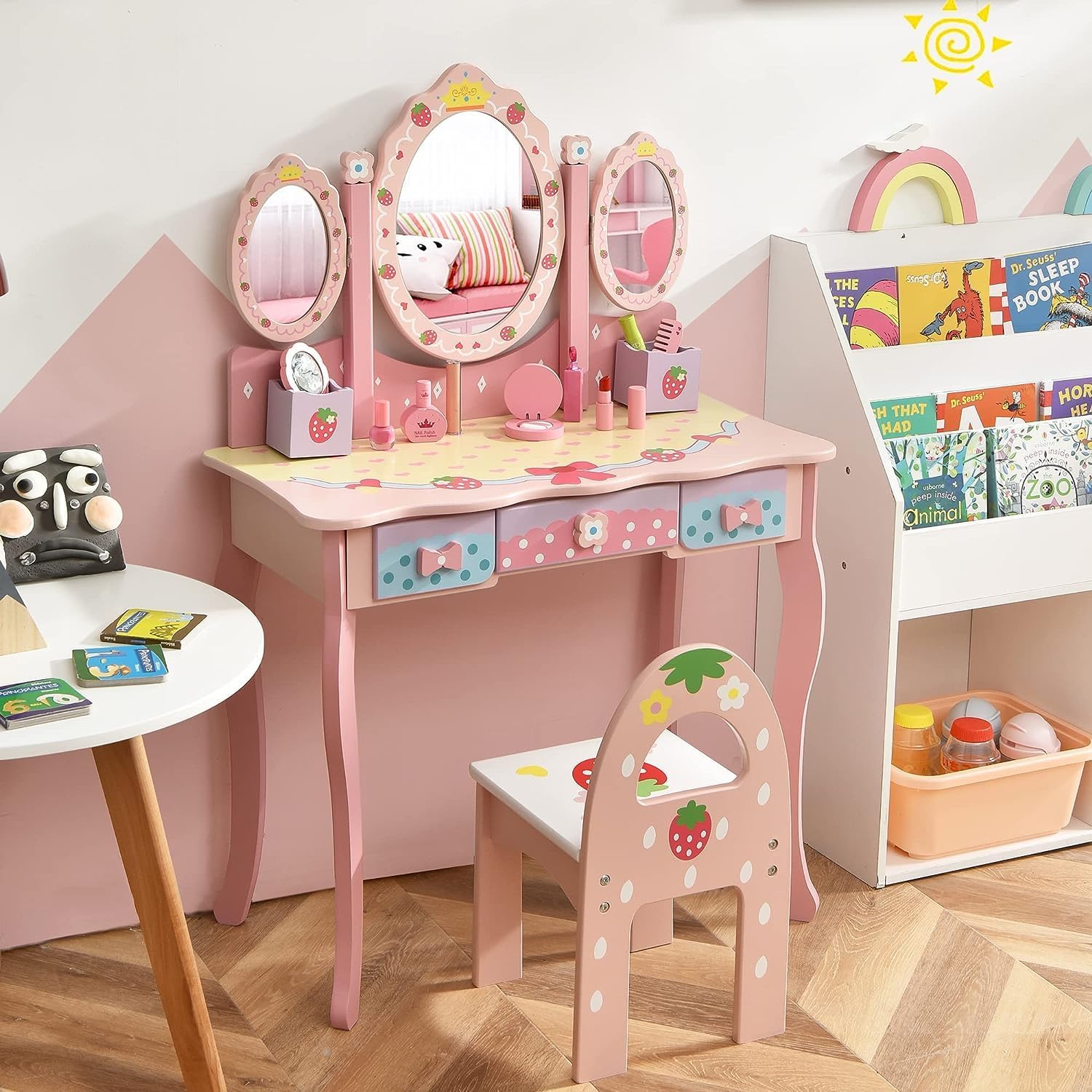 HONEY JOY Kids Vanity, Strawberry Princess Wooden Makeup Dressing Table & Chair Set w/Real Glass Tri-Fold Oval Mirror & Accessories, Detachable Top, Pretend Play Vanity Set for Little Girls(Pink)