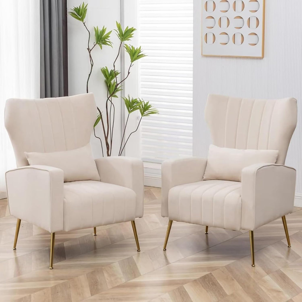 Velvet Accent Chair Set of 2,Wingback Armchair for Living Room, HighBack Reading Chair with Golden Legs Lumbar Pillow, Upholstered Single Sofa Comfy for Bedroom, Apartment, Small Spaces Beige