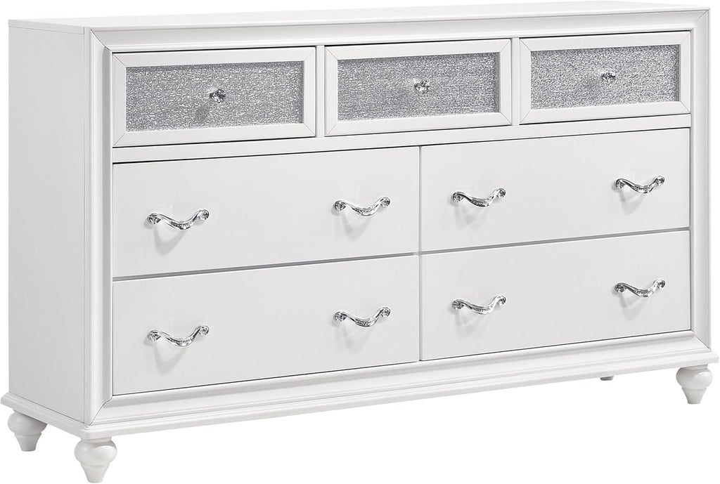 Coaster Home Furnishings - Barzini - Wood - 7-Drawer Dresser with Acrylic Panel, Crystal Hardware, Curved Handles, Turned Legs, Modern Classic Style - Bedroom - White - 205893