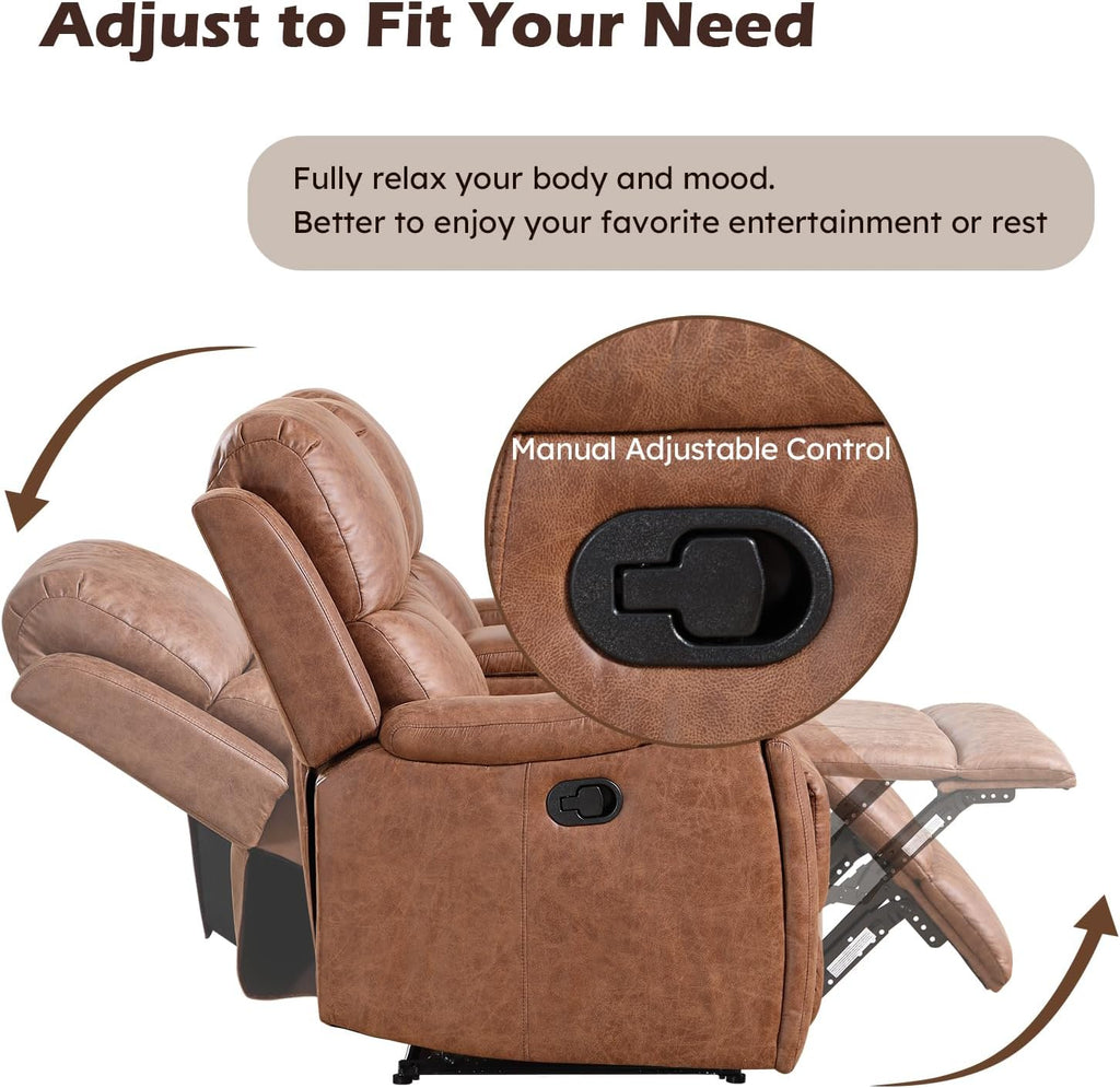 CANMOV Faux Leather Manual Reclining Sofa Set, 2 Manual Single Recliner Chairs and 2 Seat Recliner Loveseat with Center Console, Hidden Storage and Cup Holders for Living Room,Bedroom Furniture,Brown
