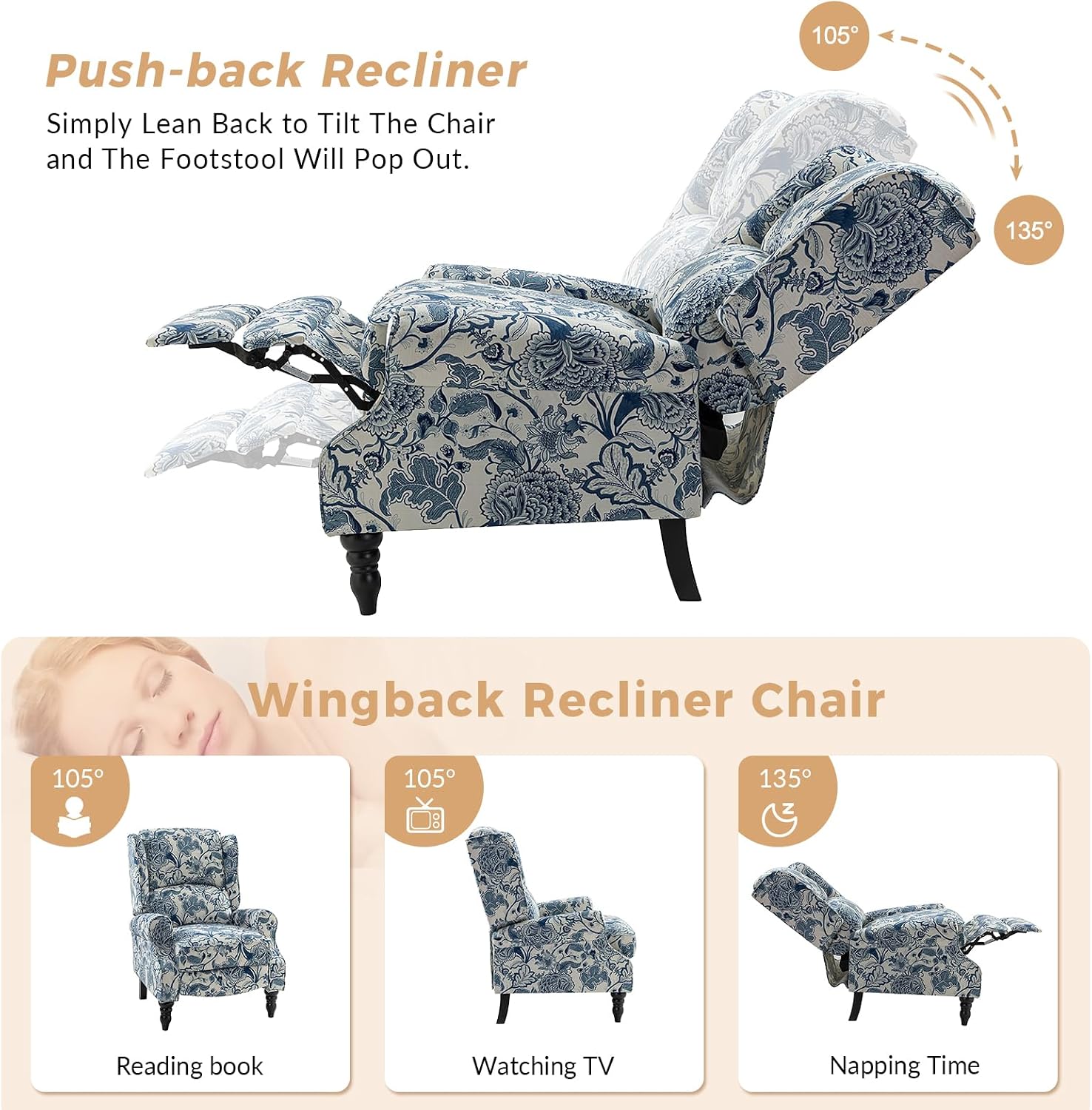 HULALA HOME Upholstered Wingback Recliner Chair, Small Adjustable Footrest Push Back Single Reclining Sofa, Mid Century Modern Lounge Armchair for Living Room, Bedroom, Reading/Jacobean