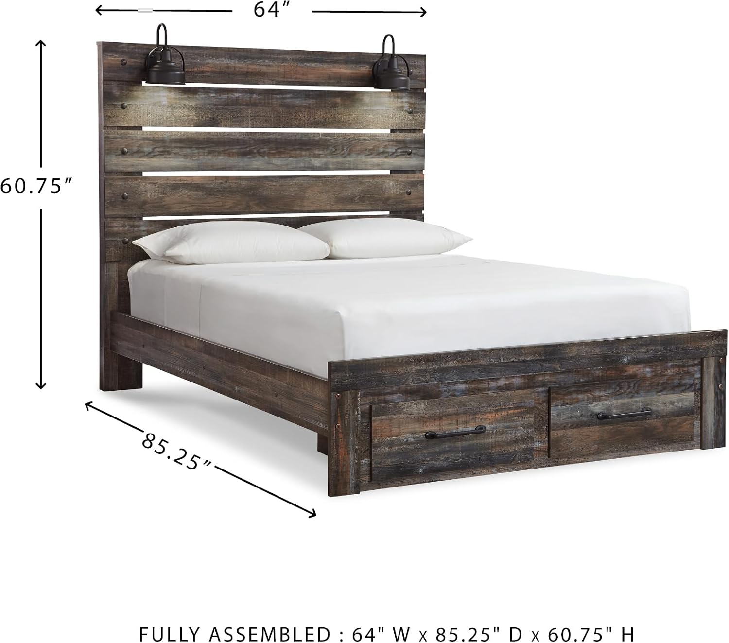 Signature Design by Ashley Drystan Queen Panel Bed with Storage Drawers, Built-in USB & LED Sconce Lights, Engineered Wood, for Master Bedroom Suites, Rustic Brown, Queen