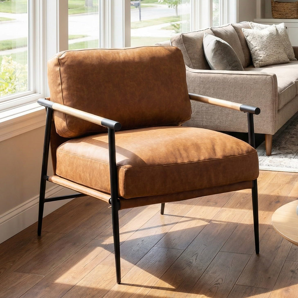 LukeAlon Mid-Century Leather Accent Chair Brown Modern Living Room Chair with Metal Legs Armchair Upholstered Comfy Leisure Chair for Bedroom Reception Area Reading Room