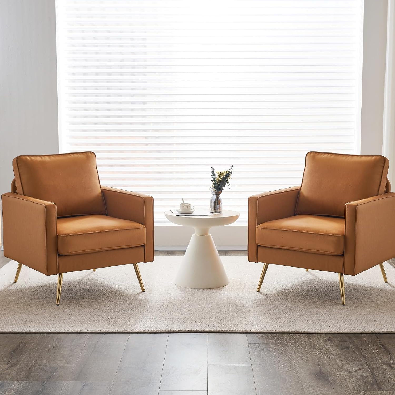 VINGLI PU Leather Accent Chair, Mid-Century Modern Living Room Chairs with Removable Cushions, Gold Legs, Upholstered Sofa Armchair for Bedroom, Office, Apartment, Play Room