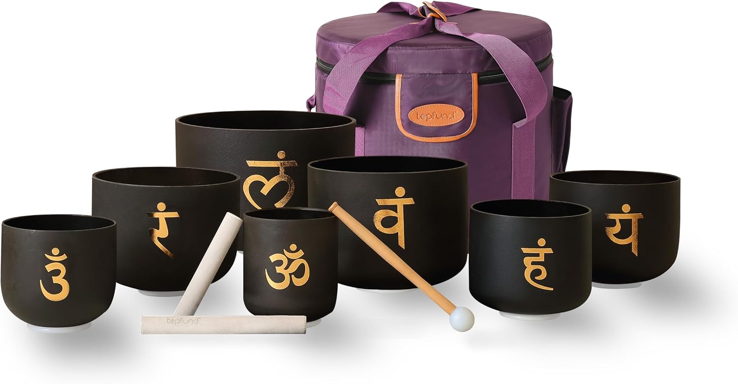 TOPFUND 6-12 inch Chakra Set of 7 Golden Sanskrit Black Crystal Singing Bowls with Heavy Duty Carrying Case and Singing Bowl Mallets