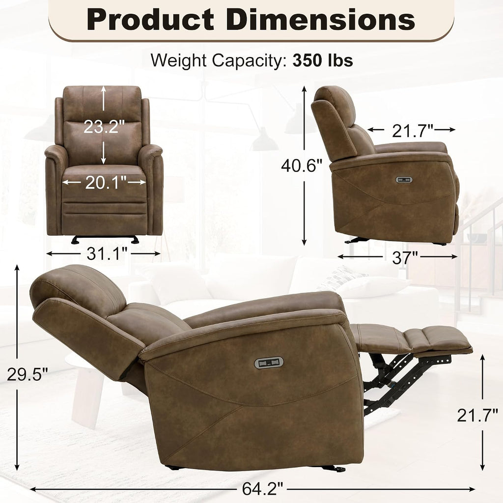 MROYAL Recliner Chair with USB & Type-C Port Faux Leather Recliner Chairs for Adults Recliner Sofa with Adjustable Footrest Recliner Chairs for Living Room, Office, Bedroom, Small Spaces, Brown