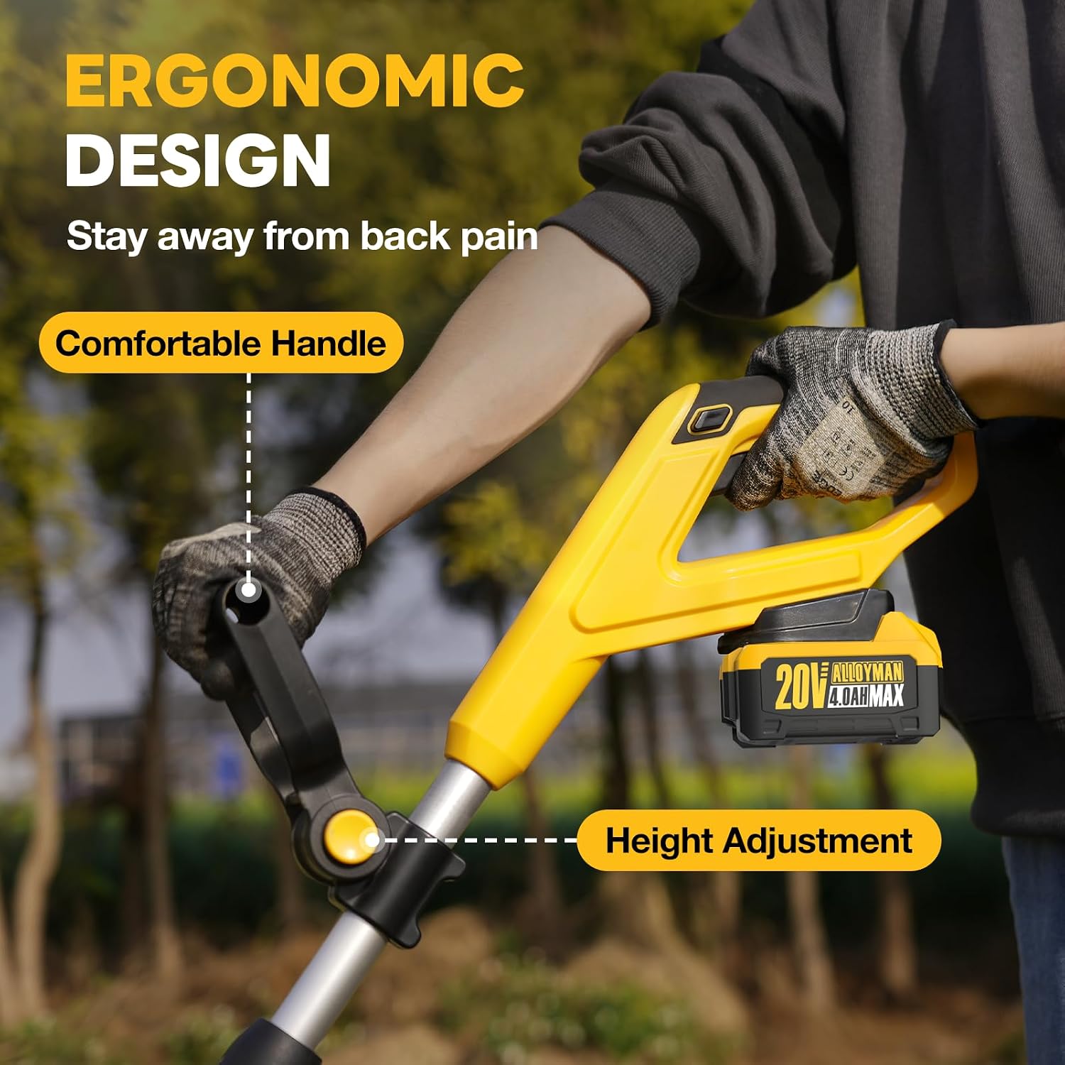 Alloyman 20V Cordless Tiller Cultivator, 360RPM Electric Garden Tiller, with 2 * 4.0Ah Batteries & Charger, 9In Tilling Width and 6.6In Depth Garden Rototiller for Lawn/Gardening/Soil Cultivation