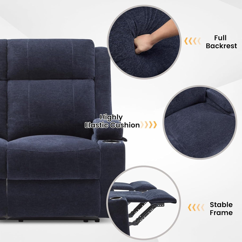 Loveseat Recliner, Double Recliner Loveseat with Adjustable Footrest & Cup Holder, Wall Hugger Recliner for Living Room & Home Theater & RV(Blue)