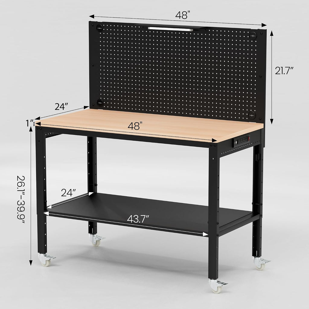 Antifir 48' Adjustable Height Workbench for Garage Work Table with Under Table Shelf & Pegboard, Max Load 2000 LBS Heavy Duty Wood Work Bench with Power Outlet for Commercial, Workshop, Office, Home