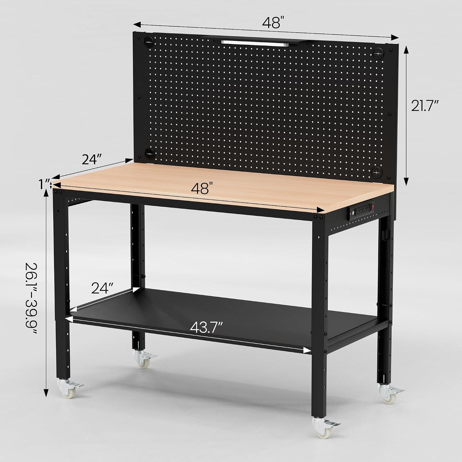Antifir 48' Adjustable Height Workbench for Garage Work Table with Under Table Shelf & Pegboard, Max Load 2000 LBS Heavy Duty Wood Work Bench with Power Outlet for Commercial, Workshop, Office, Home