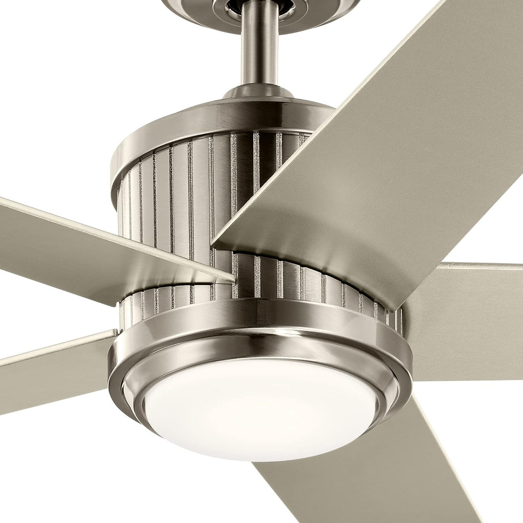 Kichler Brahm 56 in LED Ceiling Fan with Light, 5 Blade Modern Indoor Fan with Etched Cased Opal Glass in Brushed Stainless Steel, Reversible Silver and Walnut Blades, 300044BSS