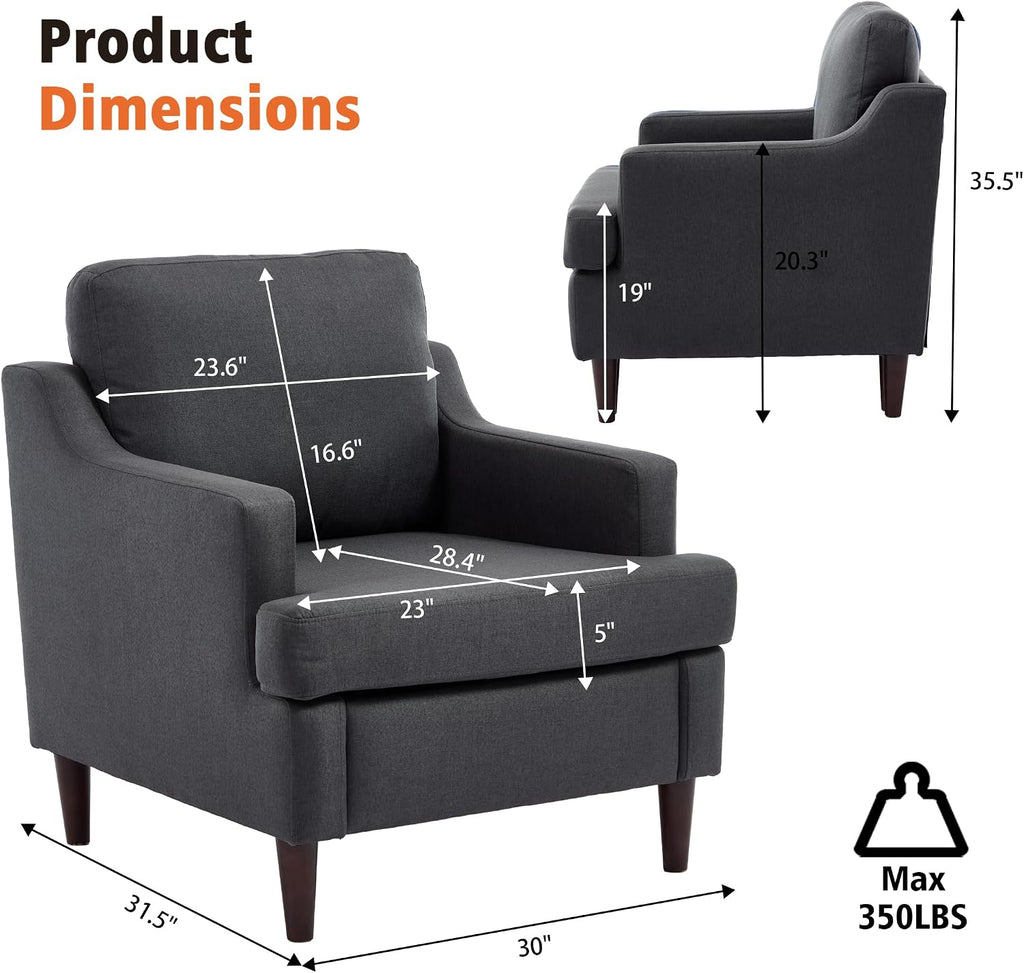 Ketaiyou Mid-Century Accent Chair Modern Linen Fabric Armchair for Living Room,Comfy Upholstered Reading Chairs for Bedroom,Single Sofa Chair with Wood Legs (Darkgrey, Set of 1)