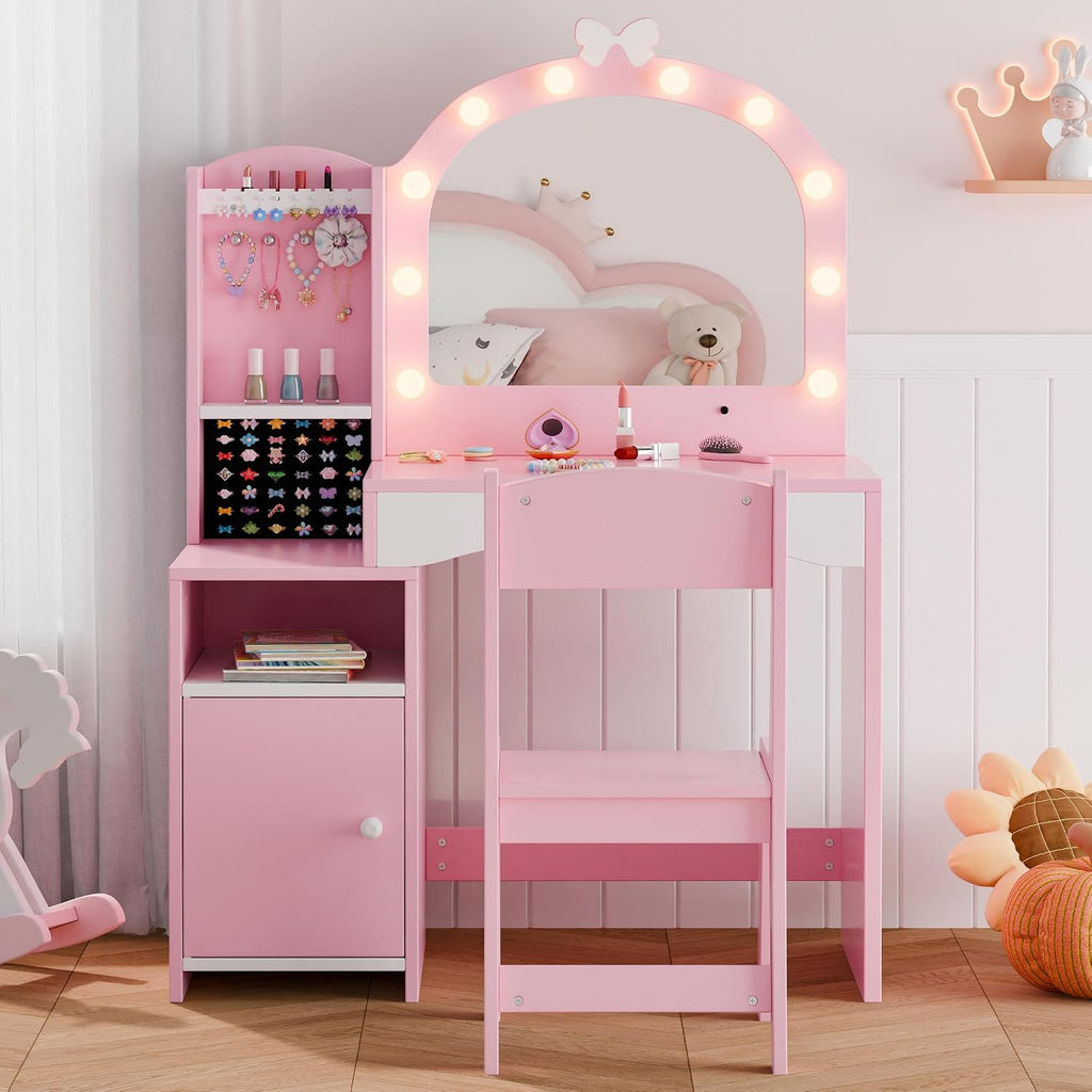 MU Kids Vanity, Girl Vanity Set with Mirror and Chair, 2 in 1 Toddler Makeup Vanity Table with Jewelry Storage, Wooden Princess Makeup Desk Dressing Table for Little Girls, Pink