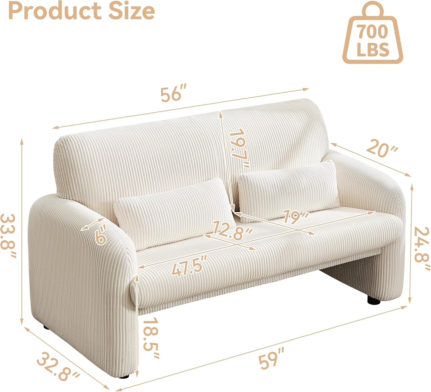 WUTUTUEE 56'' Corduroy Loveseat Sofa, 2 Seater Love Seat Couch for Small Space, Comfy Upholstered Modern Leisure Loveseat Couches with Lumbar Pillows for Bedroom, Office, Living Room, White