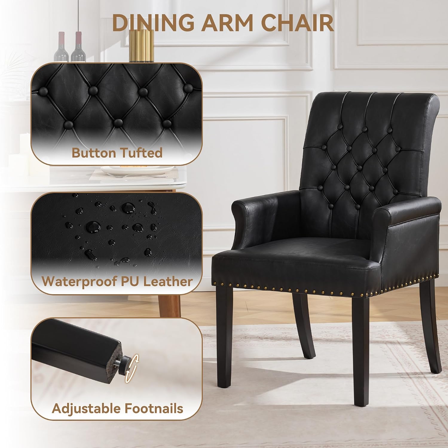 WUTUTUEE PU Leather Dining Chair with Arms, Upholstered Tufted High Back Dining Room Chairs, Accent Armchair with Solid Wood Leg and Nailhead Trim, Kitchen Dining Living Room, Black