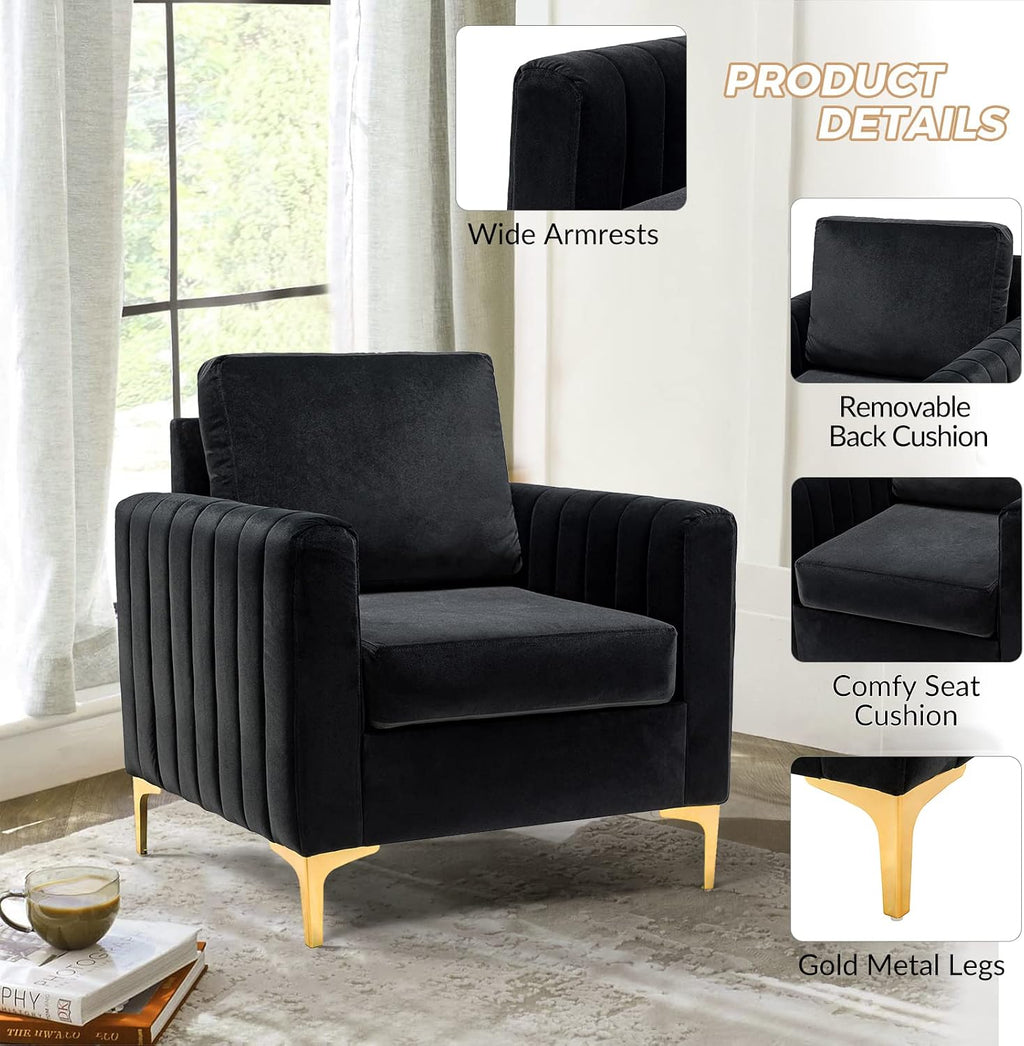 HULALA HOME Velvet Accent Club Chair, Modern Velvet Armchair Upholstered Accent Club Chair with Gold Metal Legs Mid-Century Barrel Leisure Comfy Reading Armchair, Black