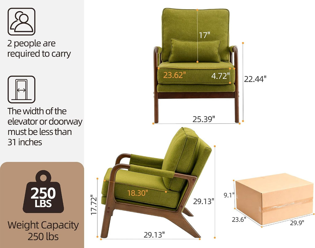 Mid Century Modern Chair Set of 2, Upholstered Lounge Arm Chair with Solid Wood Frame, Comfy Accent Chair for Living Room, Bedroom, Reading, Reception,Green