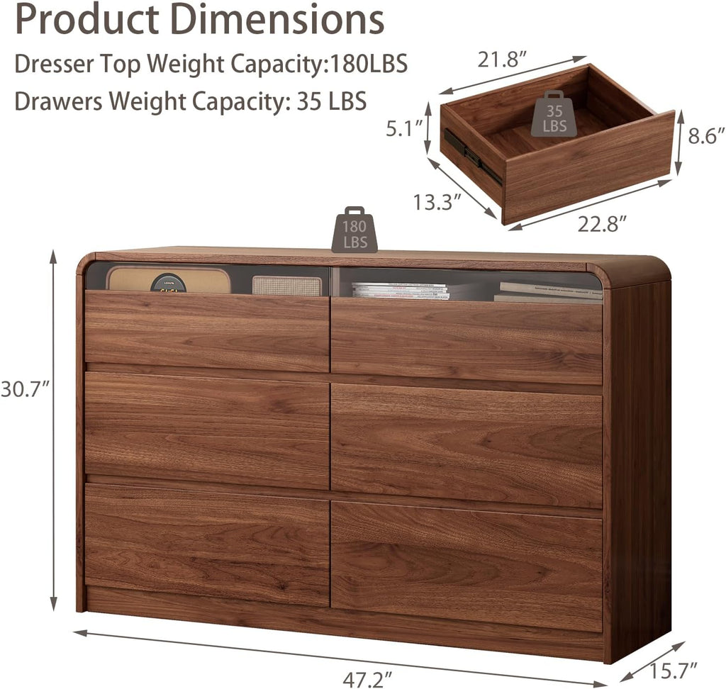 Ieejdn 47.2' Dresser with 6 Drawer, Wide Dresser with Recessed Glass Display & Silent Metal Rails, Handleless Chest of Drawers for Clothes, and Bedding, Walnut