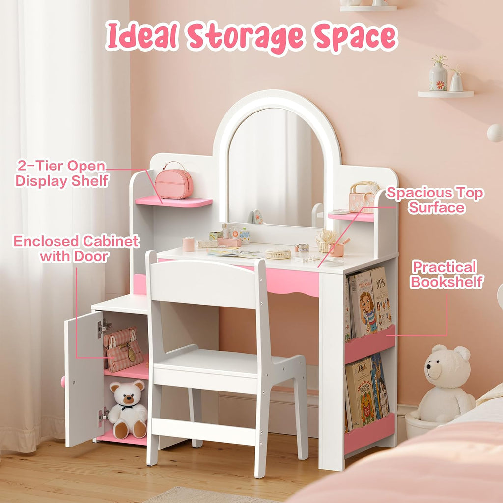 Kids Vanity with LED Mirror and Chair, Girls Vanity Set with Storage Cabinet and Shelves, Toddler Vanity Table and Chair Set for Bedroom Playroom, Pink and White Girl Vanity for Ages 3-8