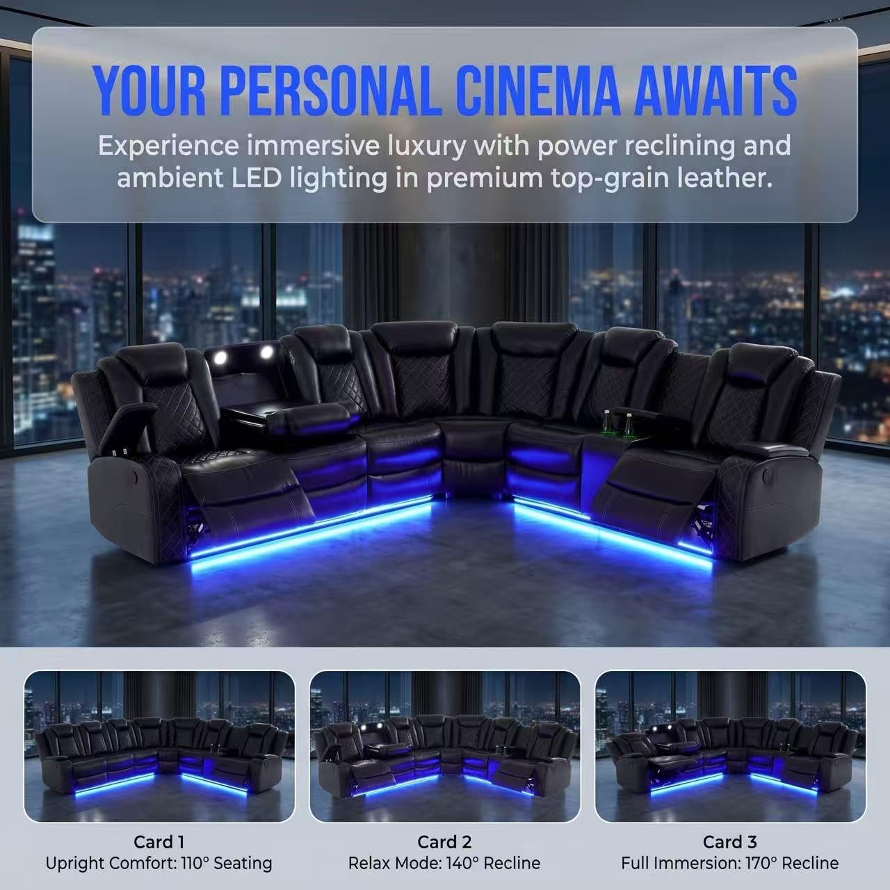 A Ainehome Power Furniture Reclining Sectional Sofa Set, Living Room Power Recliner Adjustable Sofa, Loveseat and Chair with USB Chargers/Storage Console for Living Room/Office(A-Black)