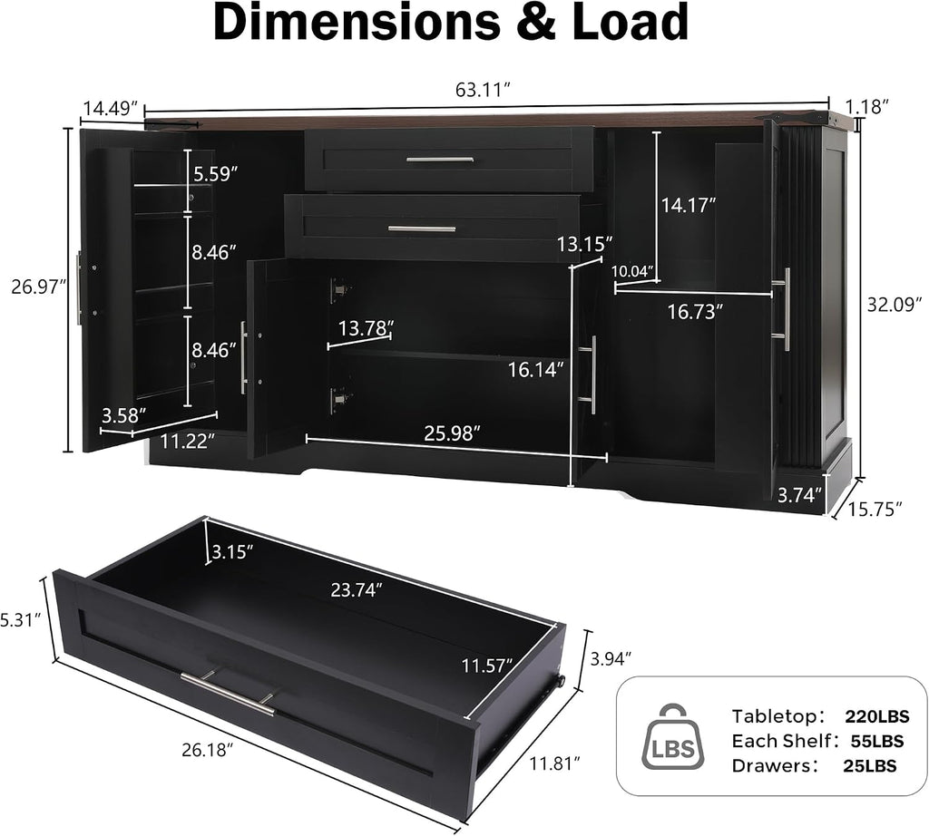 RiteSune 63' Farmhouse Buffet Sideboard Cabinet, Large Kitchen Sideboard Storage with 2 Drawers and 4 Doors, Buffet Table for Dining Room, Living Room, Black