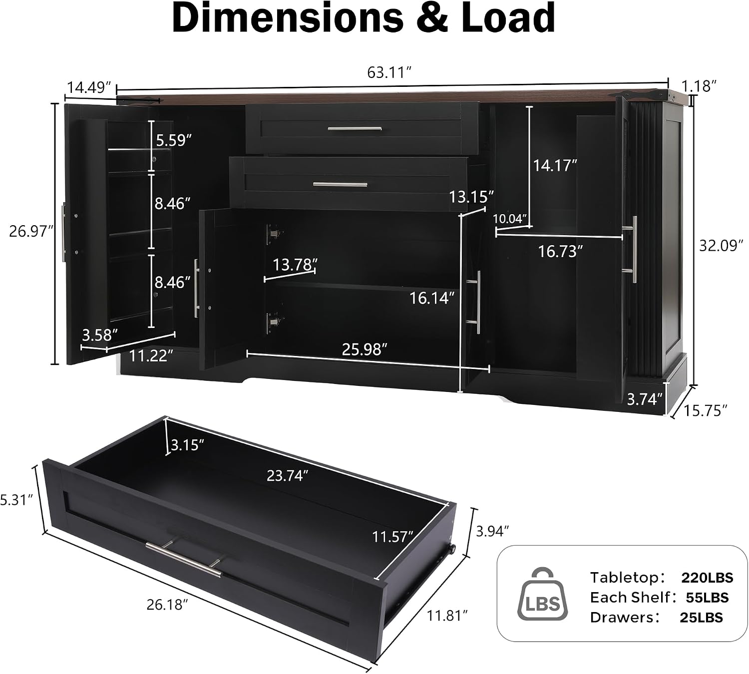 RiteSune 63' Farmhouse Buffet Sideboard Cabinet, Large Kitchen Sideboard Storage with 2 Drawers and 4 Doors, Buffet Table for Dining Room, Living Room, Black