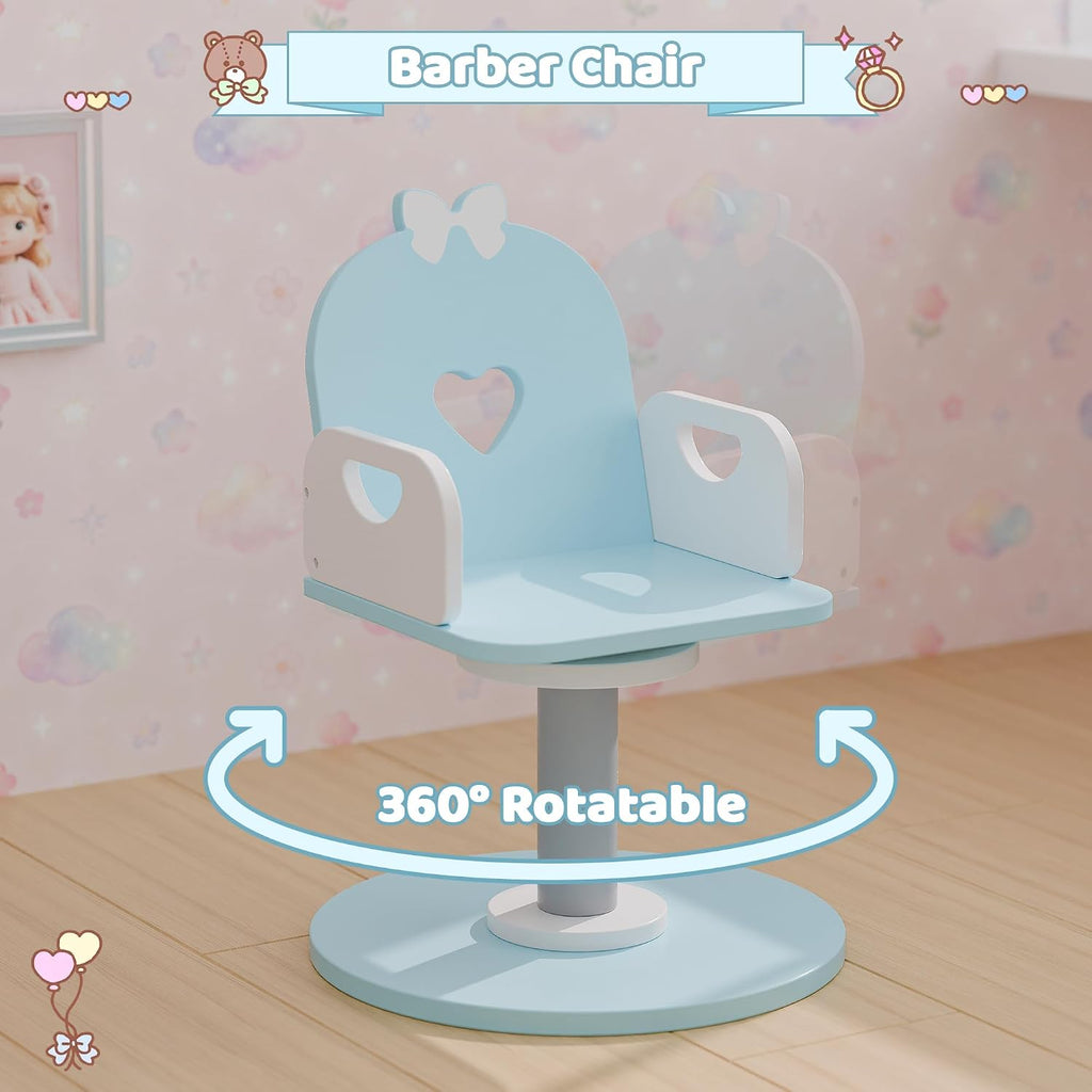 Ice Blue Kids Vanity Set with Light and Barber Chair, Makeup Dressing Vanity Table with Storage Shelf and Hair Salon Play Set 7 pcs Accessories, Pretend Play Vanity Set for Toddler Girls