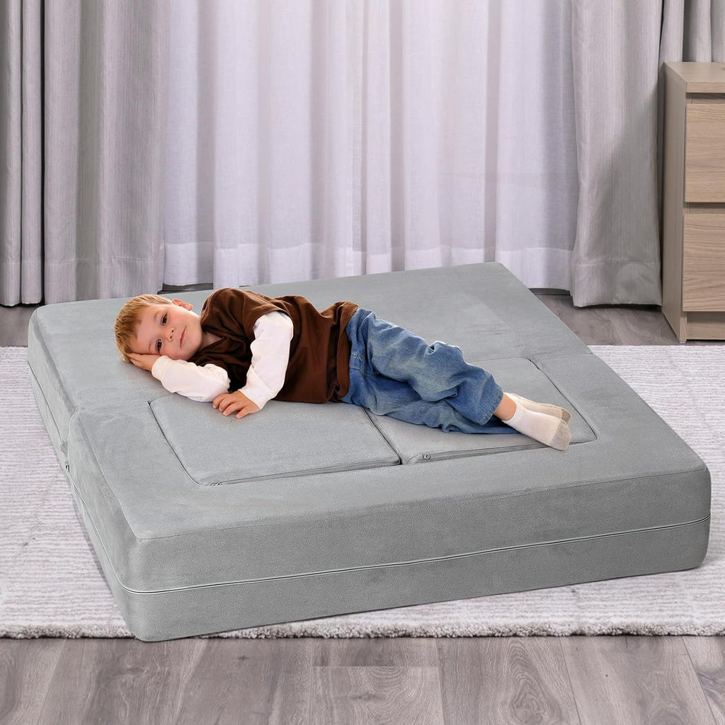 Kids Couch Toddler Play Couch for Bedroom Playroom, 3 in 1 Sectional Sofa for Kids' Play and Rest, Modular Mini Couch for Kids, Grey
