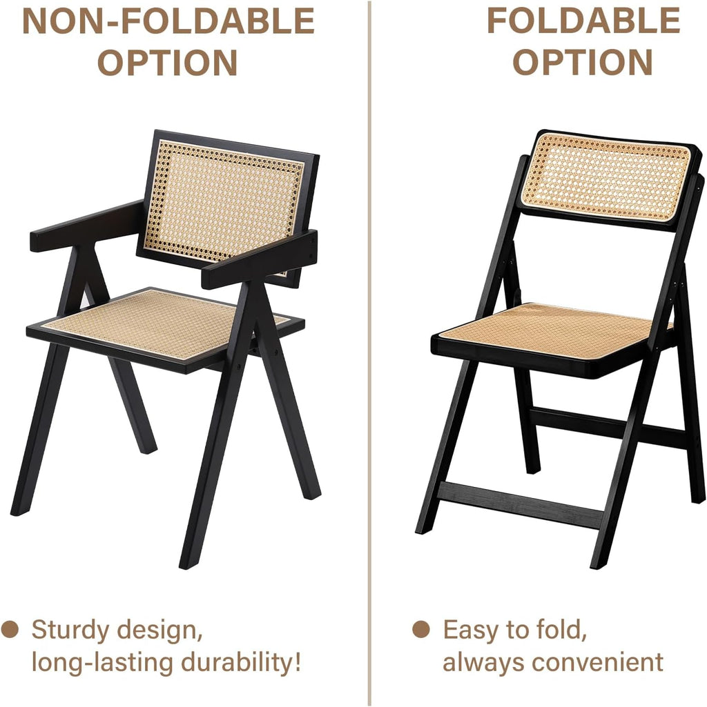 Furlide Rattan Folding Chairs, Modern Mid Century Dining Chairs Set of 2, Outdoor Bamboo Chairs for Bedroom Living Room Reading Room Dining Kitchen, Black