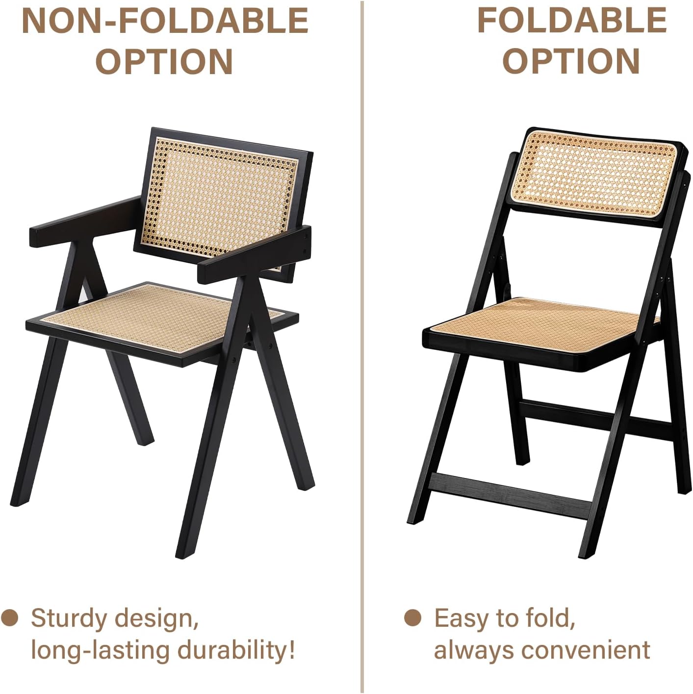 Furlide Rattan Folding Chairs, Modern Mid Century Dining Chairs Set of 2, Outdoor Bamboo Chairs for Bedroom Living Room Reading Room Dining Kitchen, Black