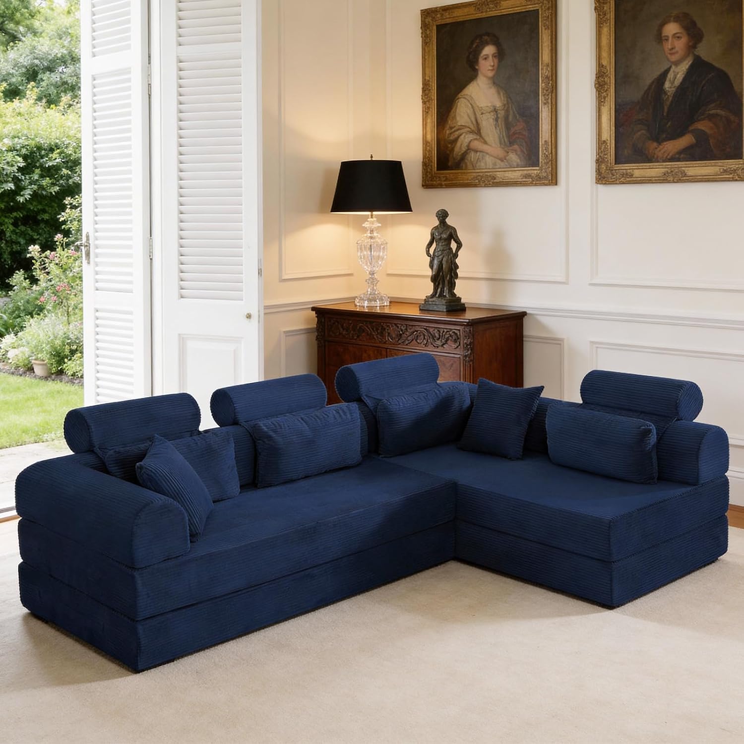 KEIKI 6-in-1 Folding Convertible High Back Sofa Sleeper, 106' Oversized Modular Sectional Corduroy Upholstered L Shape Couches for Living Room, Head Support Comfort for Large Apartment Bedroom, Blue