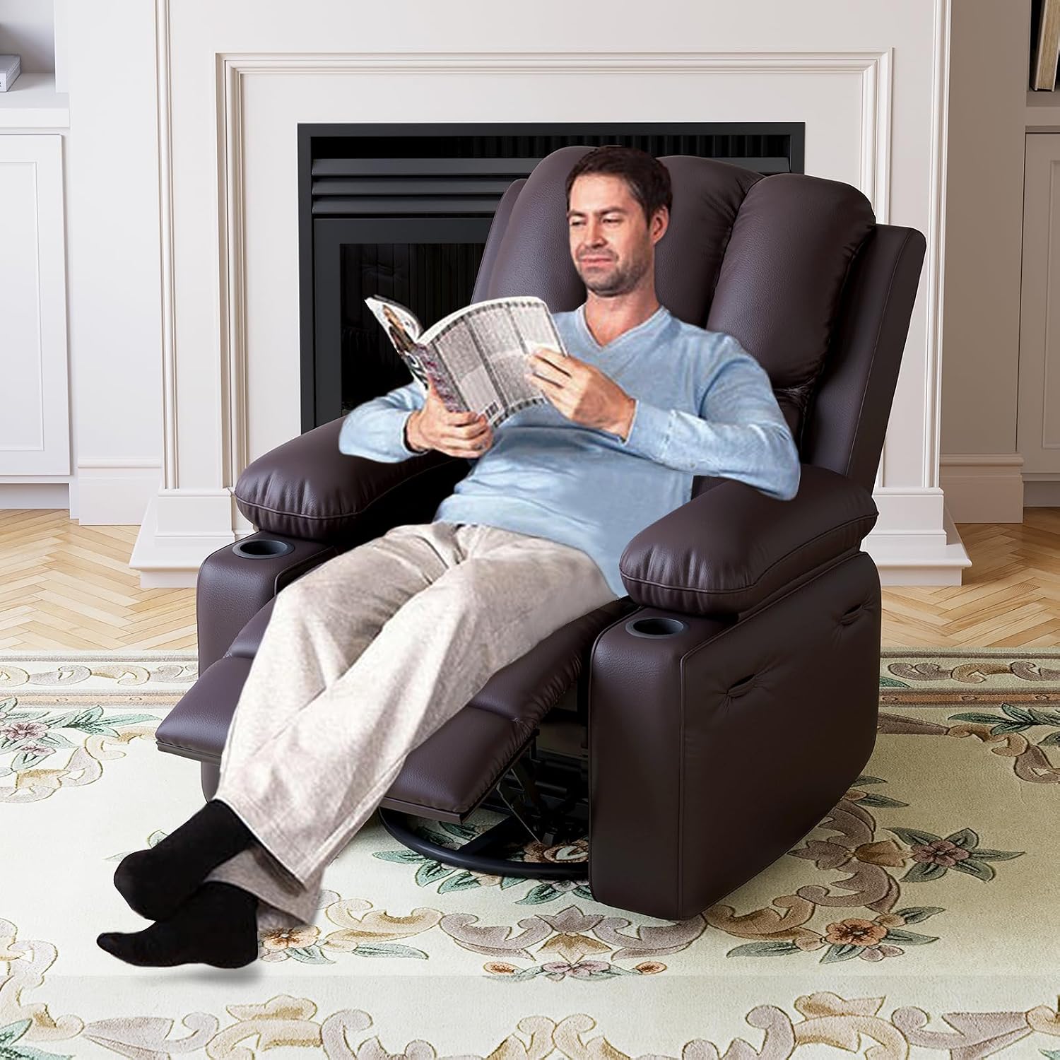 GarveeHome Leather Recliner Chair, Manual Recliner w/Comfortable Arms and Cup Holders for Living Room CF8011 - Brown, Medium