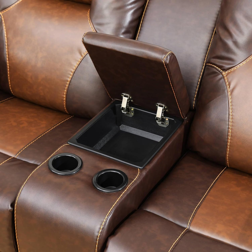 Leather Recliner Sofa Set, Living Room Furniture Set, Adjustable Backrest Reclining Loveseat Sofa with Storage Console & Cup Holders, Manual Recliner Chair for House, Home Theater, Brown
