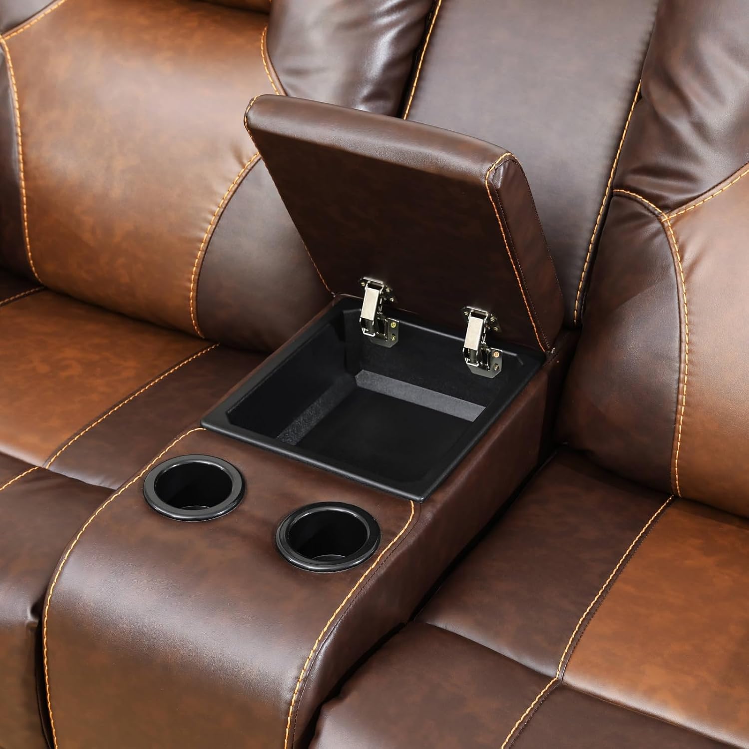 Leather Recliner Sofa Set, Living Room Furniture Set, Adjustable Backrest Reclining Loveseat Sofa with Storage Console & Cup Holders, Manual Recliner Chair for House, Home Theater, Brown