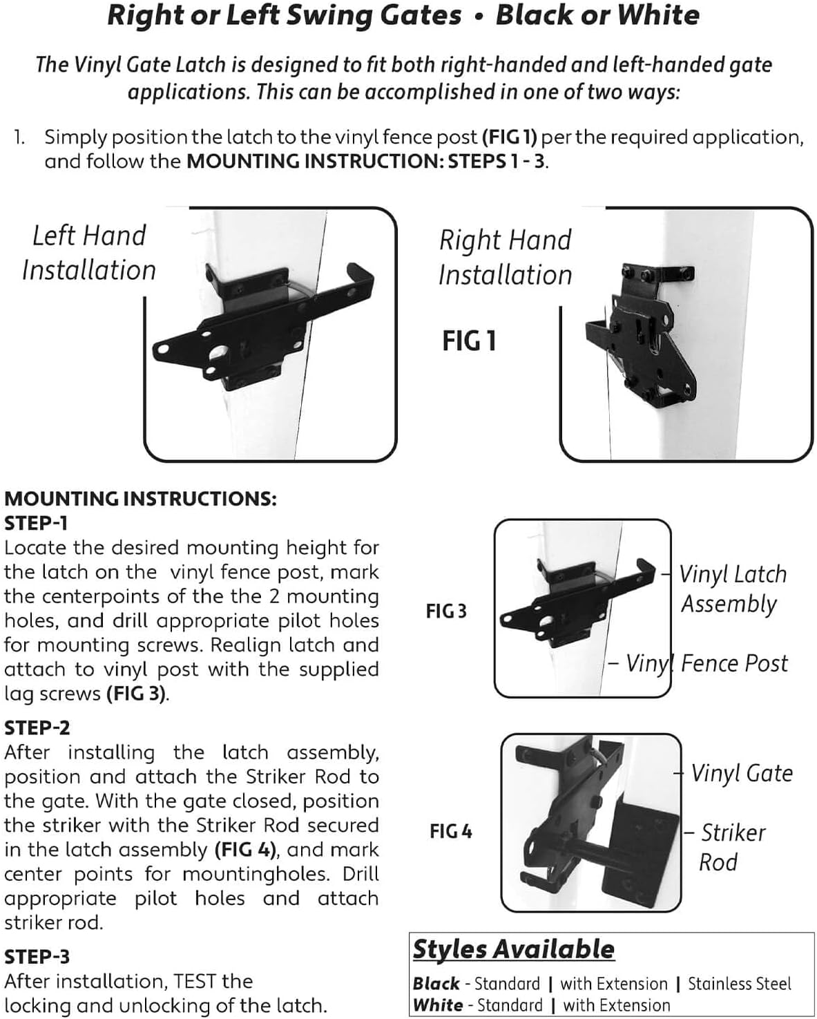 Jake Sales - Stainless Steel Extended Gate Latch White (for Vinyl, Wood, PVC etc Fencing) Fence Gate Latch w/Mount Hardware - CASE Qty 12