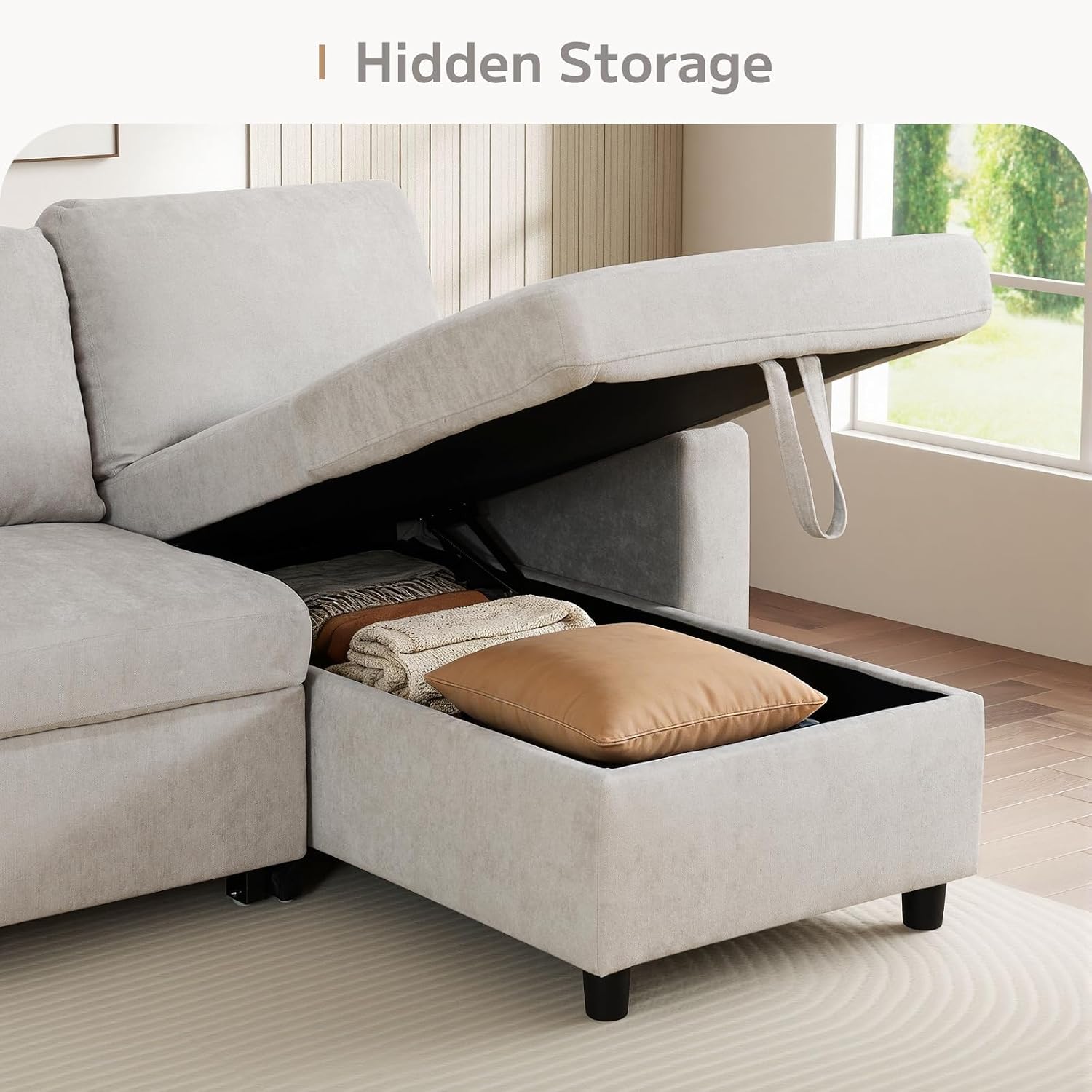 Yafylly L-Shaped Sleeper Sofa with Chaise Lounge & Storage, Pull-Out Couch Bed with Recliner, Full Size Futon for Living Room, Office, Apartment Beige