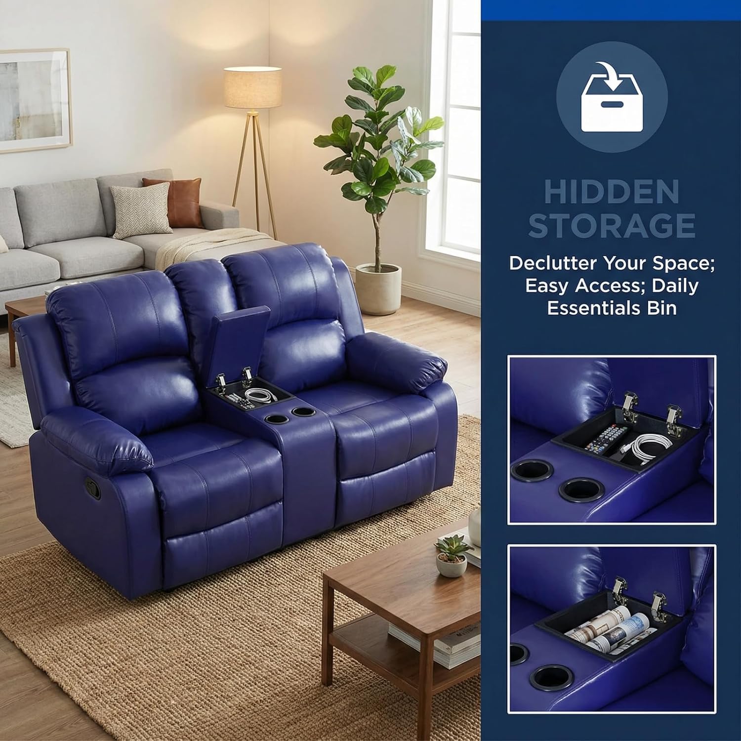 Manual Leather Recliner Sofa Set, Adjustable Backrest Reclining Loveseat Sofa & Recliner Chair, Comfortable Reclining Seats for Home Theater, Apartment, Dark Blue