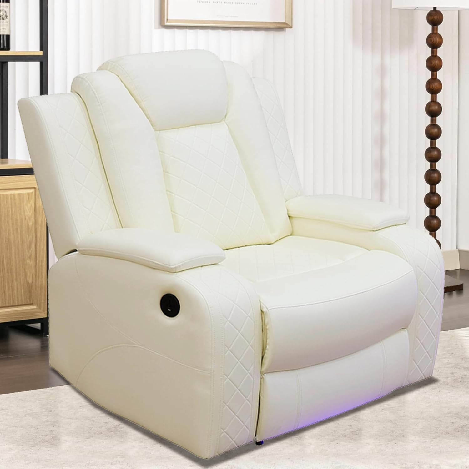 Power Recliner Sofa Sectional Couch with LED Light for Living Room,Leather Reclining Corner Sectional Sofa with 3 Recliner Seats,Cup Holder,Storage Console for House/Home Theater, Creamy