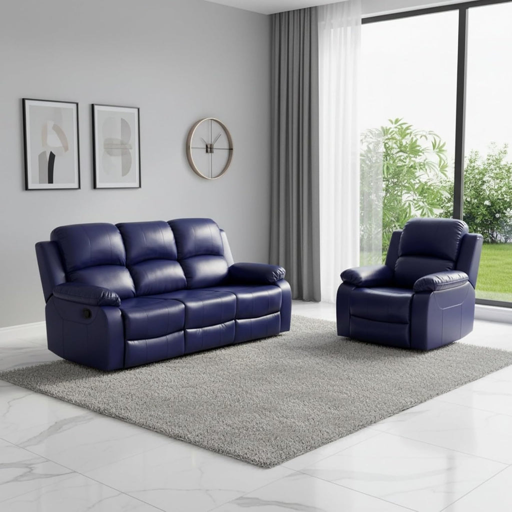 2-Piece Manual Leather Recliner Sofa Set, Adjustable Backrest Reclining Loveseat Sofa & Recliner Chair with Convertible Middle Coffee Table for House, Home Theater, Dark Blue