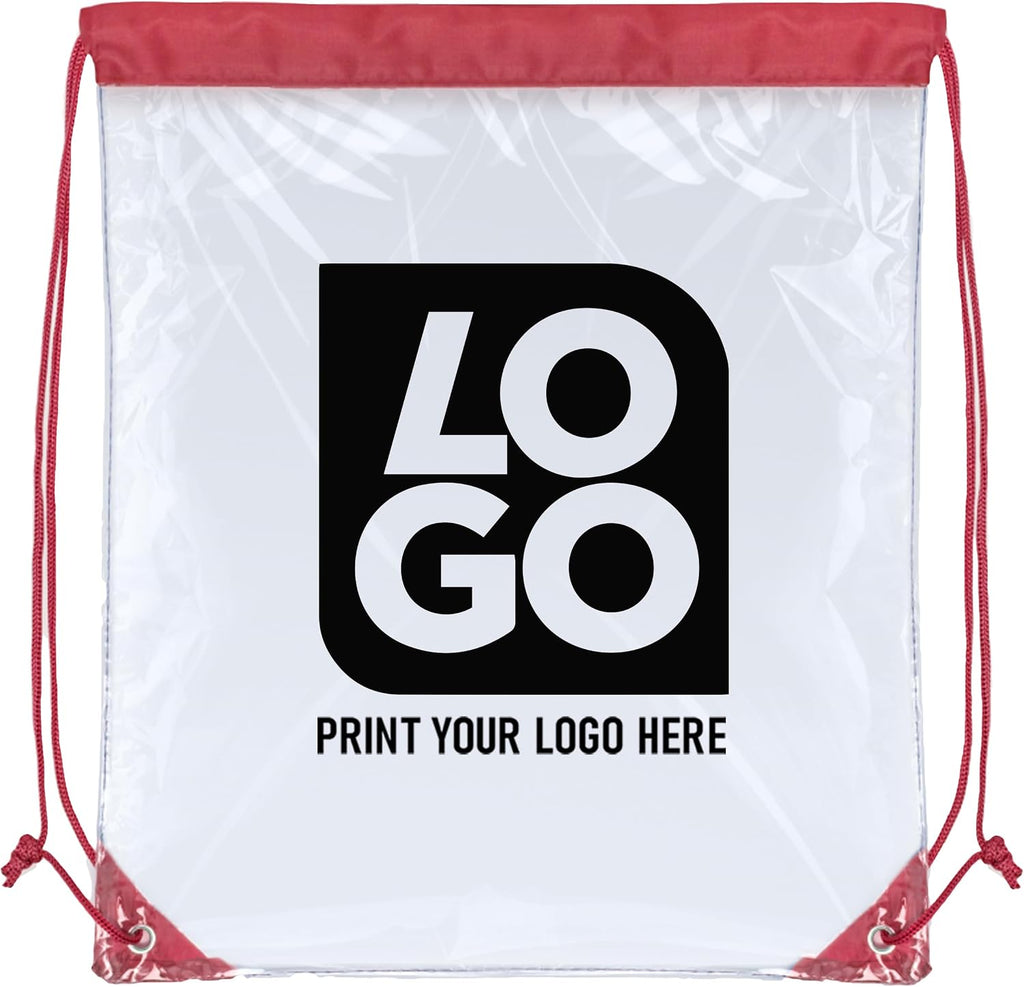 USMG Personalized Clear Drawstring Bags – Custom One Color Imprint for Business & Events (Clear/Red, QTY 100)