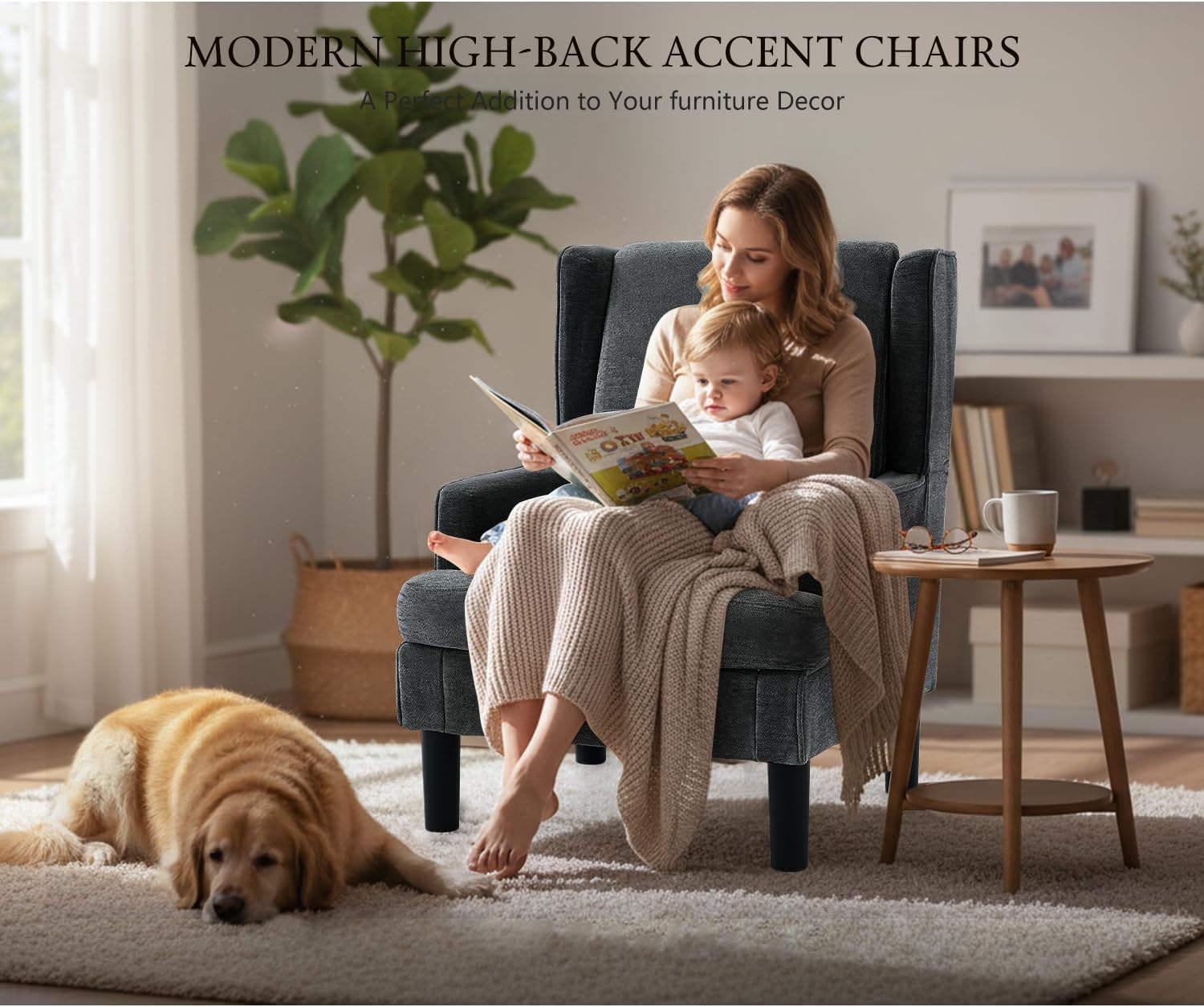 Accent Chairs Set of 2 for Living Room Chairs Modern Accent Chair Oversized Reading Chair for Living Room Sofa Chair with High Back and Wood Legs, Upholstered Comfy Chair for Bedroom(Dark Green)