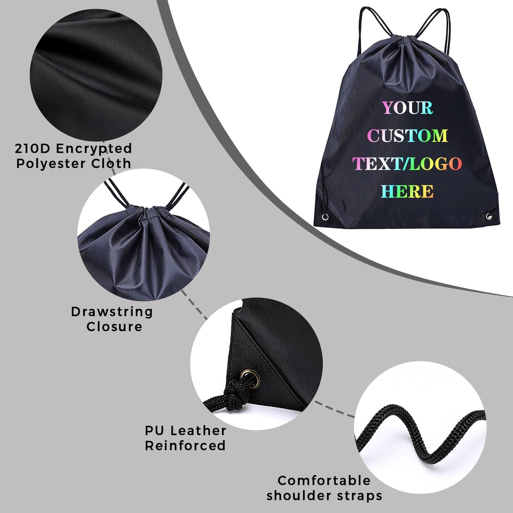 Custom Bags With Your Logo Set of 100 Custom Backpack Draw String Bags Pack Bulk for Travelling Swimming Gym Everyday Use (Black)