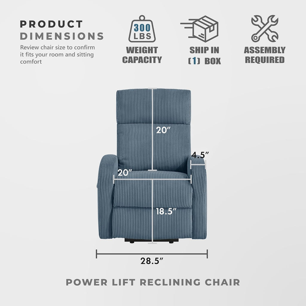 Lexicon Power Lift Recliner Chair for Elderly with Remote Control, Gentle Lift Motion, Side Pocket Armrest, Corduroy Upholstered Electric Recliner for Living Room/Bedroom, Easy Assembly, Midnight Blue