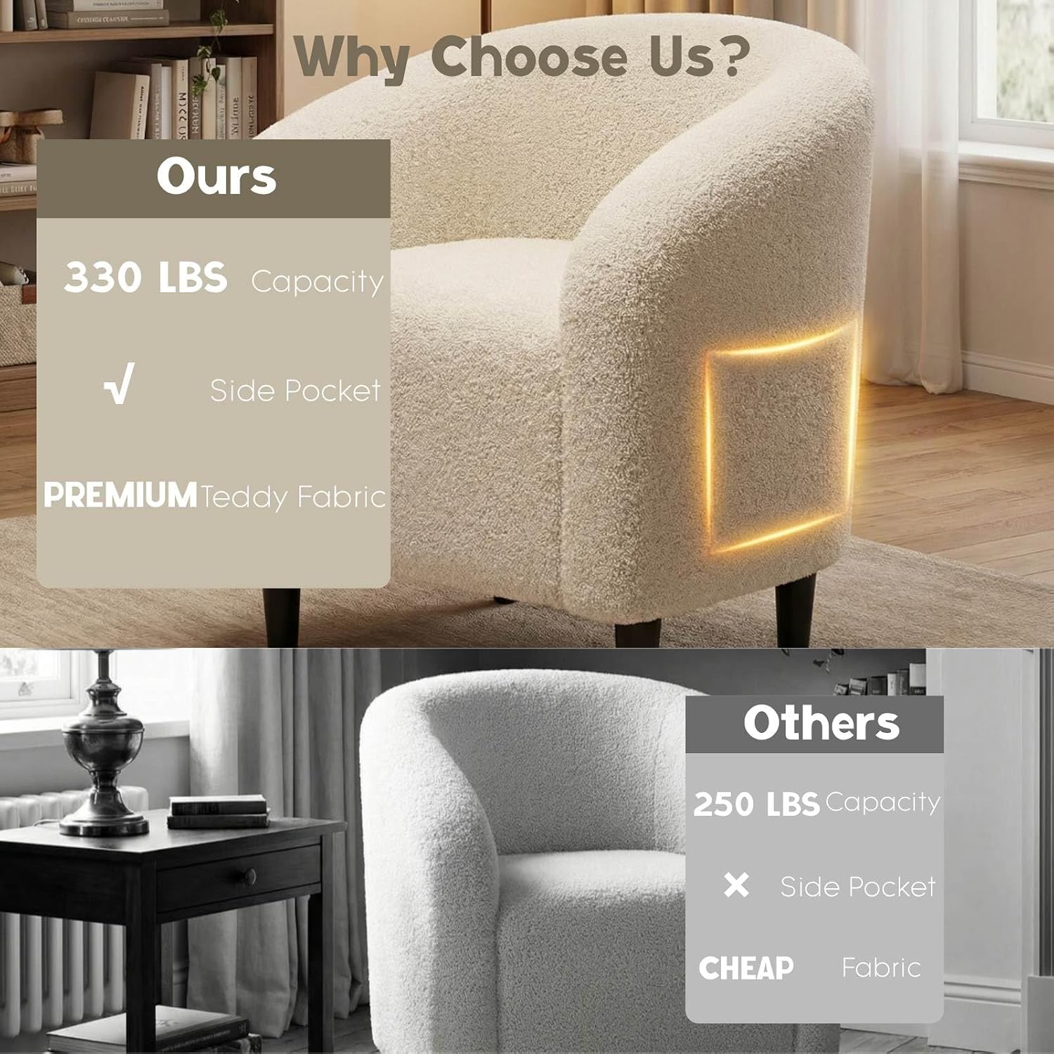 Modern Accent Barrel Chair, Comfy Teddy Fabric Club Armchair with Side Pocket, Easy Assembly Living Room Corner Chair for Bedroom, Office, Reception Space