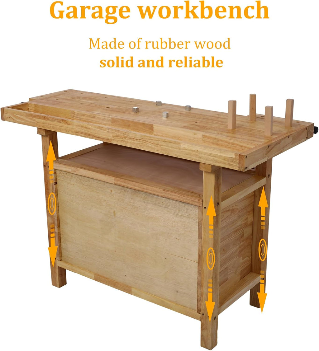 Olela Wood Workbench, Integrated Vise and Bench Dog Holes Garage Workbench with Drawers, 55 inches Heavy Duty Workbench Weight Capacity of 3300lbs (50'-3 Drawers and 1 Cabinet)