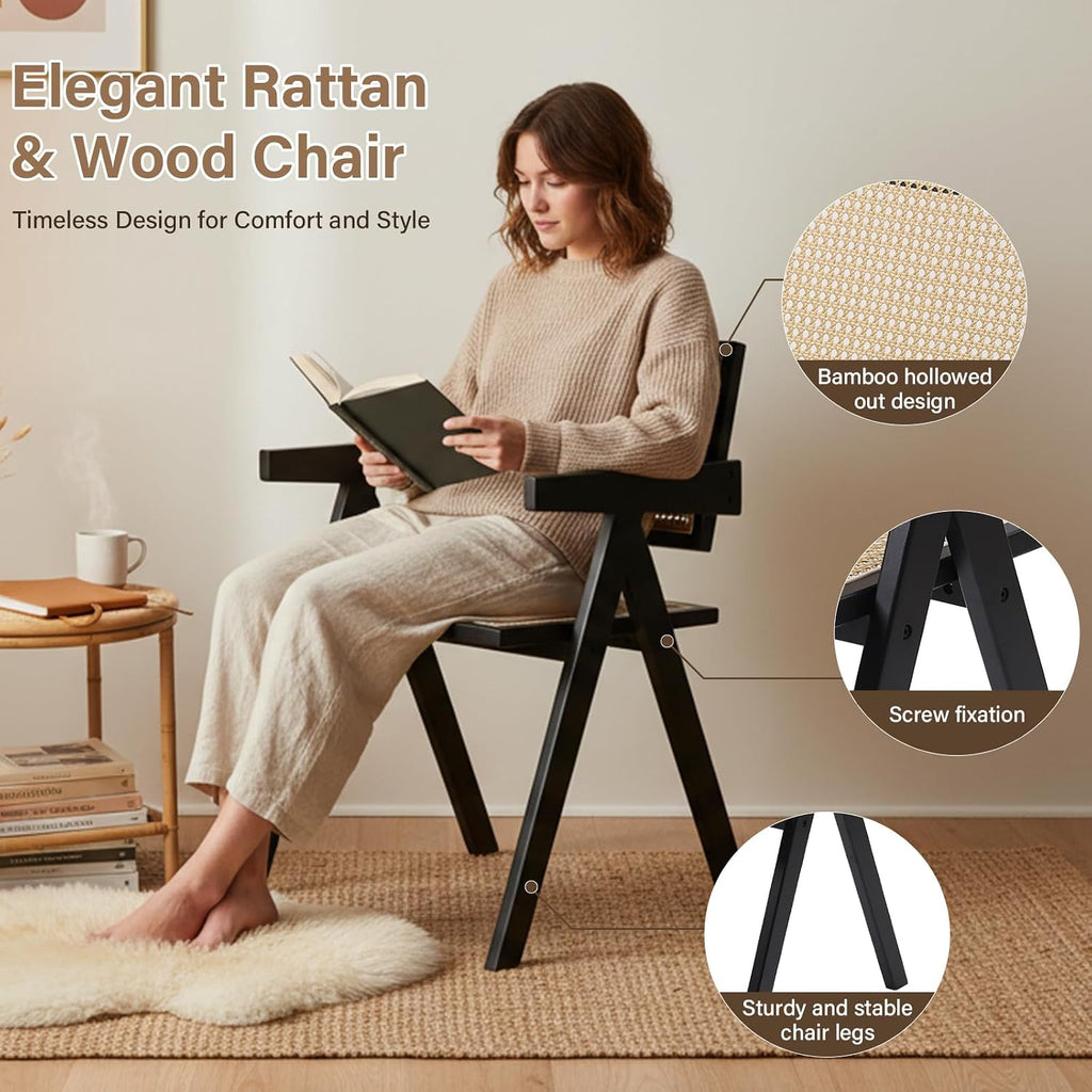 Furlide Rattan Dining Chairs Set of 2, Modern Mid Century Dining Chairs with Arms, Outdoor Bamboo Chairs for Bedroom, Living Room, Reading Room, Black