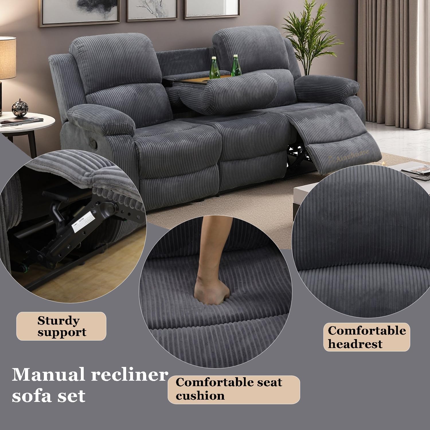A Ainehome Sectional Recliner Sofa Set with Storage, Living Room Furniture Set Corduroy Sofa Sets Manual Reclining Sectional Couches for Living Room with 4 Recliner Seats(Living Room Set, Dark Grey)