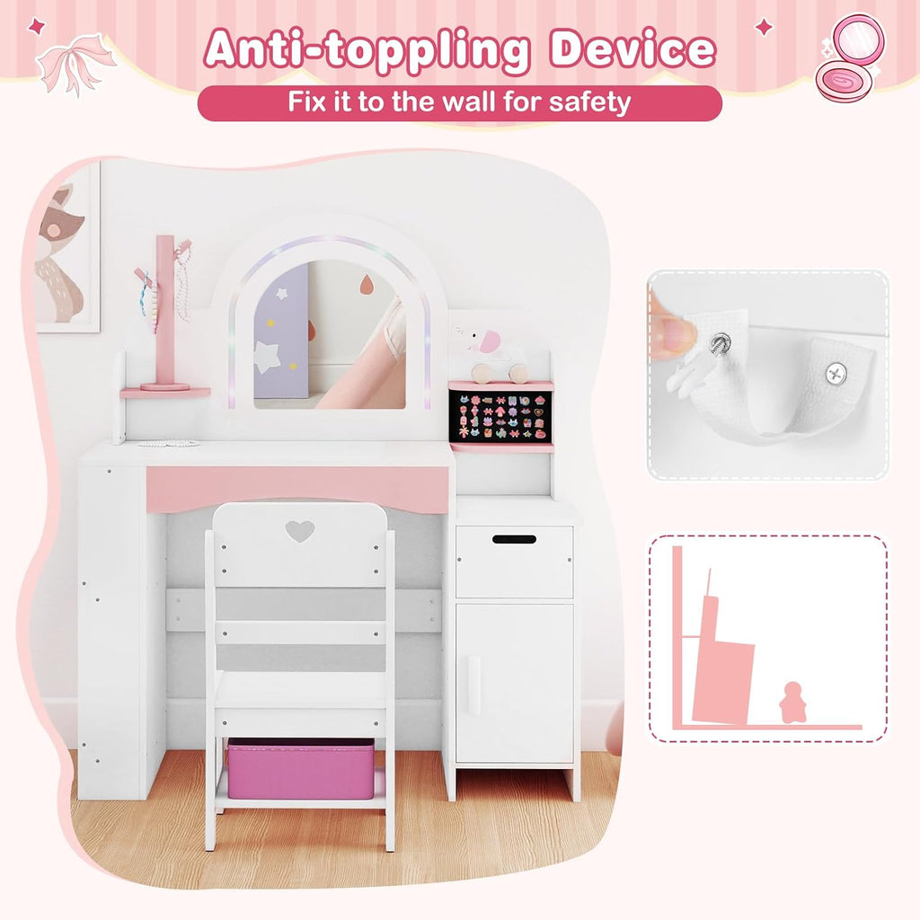 INFANS Kids Vanity with Lights, Princess Makeup Desk with Mirror, Jewelry Hanger, Fabric Drawers, Toddler Table and Chair Set Pretend Play for Girls