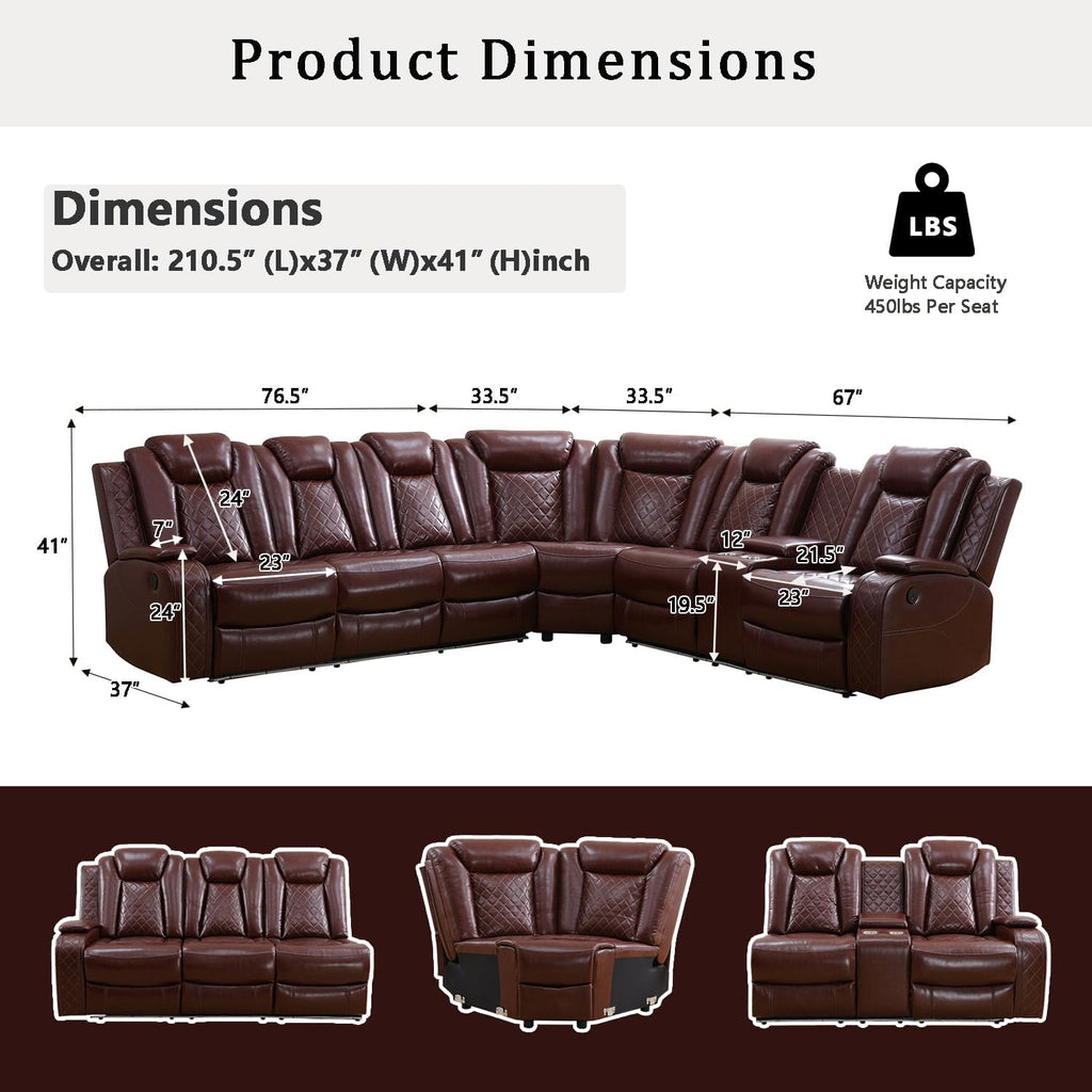 A Ainehome Power LED Reclining Sectional Sofa Set, Living Room Power Recliner Adjustable Sofa, Loveseat and Chair with Storage Console for Home/Office(A-Brown)