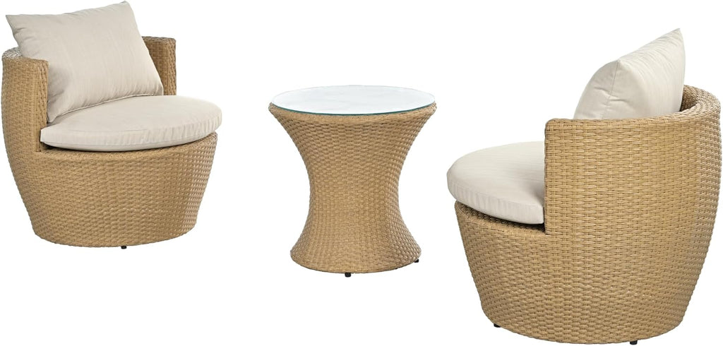 Christopher Knight Home Dessa Patio Conversation Set, Wicker Rattan Club Chairs, Wicker End Table, Accent Chair with Cushions, Mirror Table Top, Conversation Set for Backyard Poolside, Light Brown